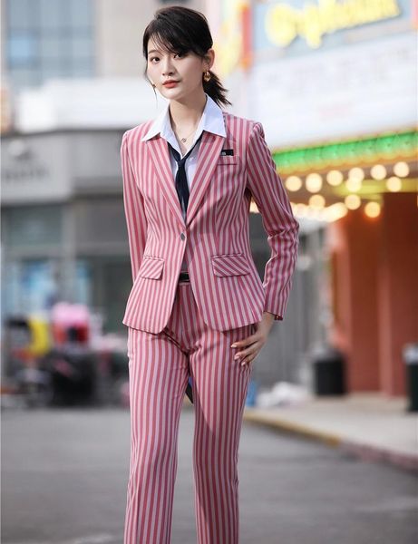 Abiti da donna Blazer Moda Donna formale a righe Affari con pantaloni e giacche Cappotto Disegni uniformi Tailleur pantalone Autunno Inverno Donna