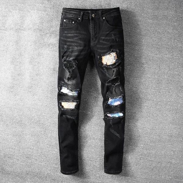 

men's jeans fashion streetwear men black color ripped patch brand letter elastic destroyed pants hip hop skinny hommee, Blue