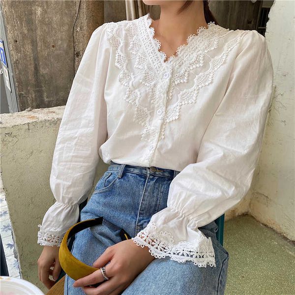 

women's knits & tees white lace blouse women long flare sleeve v-neck loose casual korean shirts vintage spring slim elegant