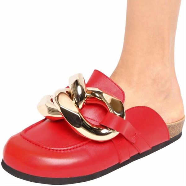 

metal chain genuine leather slippers women mules shoes flats rubber sole outside desginer zapatillas de mujer 2021, Black