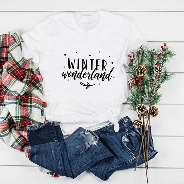 

women's t-shirt winter wonderland 100%cotton casual christmas t shirt funny o-neck short sleeve holiday tees, White