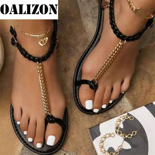

women shoes fashion outdoor beach open toe slides buckle strap sandals casual weave chain shallow slippers flats shoes 220308, Black