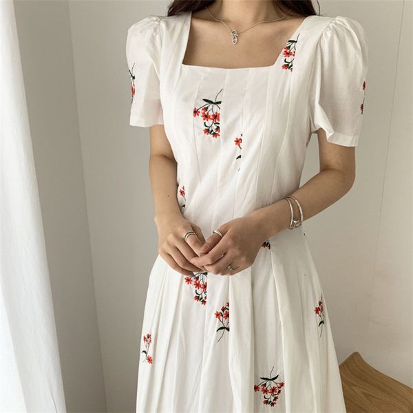 

dresses pleated summer korean square collar vintage embroidery elegant waist controlled women long es vestidos, Black;gray