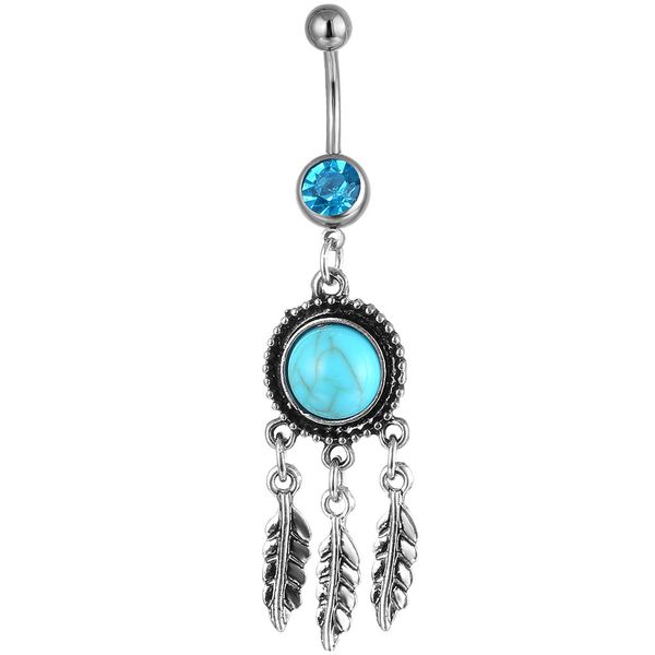 

d0739 dream catcher aqua.color belly navel button ring, Silver