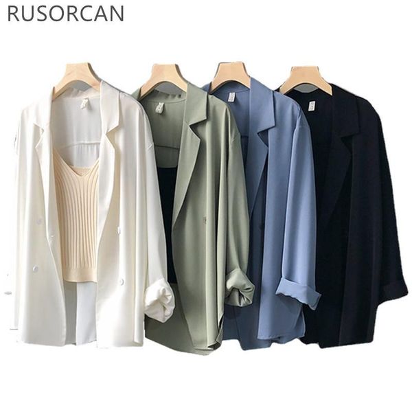 

women's suits & blazers korean version of solid color suit jacket office fashion double button long loose formal casual summer top, White;black
