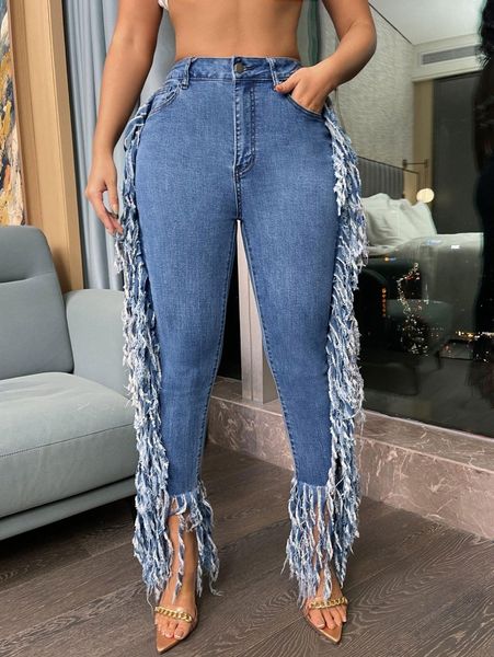 

sxy high waist tassel detail jeans 19v1#, Blue