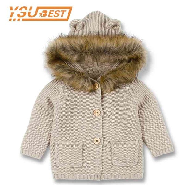 

sweater baby cardigan ears born boys knitted jackets with hood spring kids jacket hooded coat girls sweaters 210417, Blue;gray
