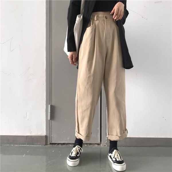 

spring autumn women pants cargo high waist straight pockets oversize wide leg ankle-length trousers women's & capris, Black;white