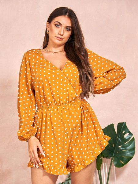 

plus polka dot lantern sleeve overlap collar ruffle hem romper s1lq#, Black