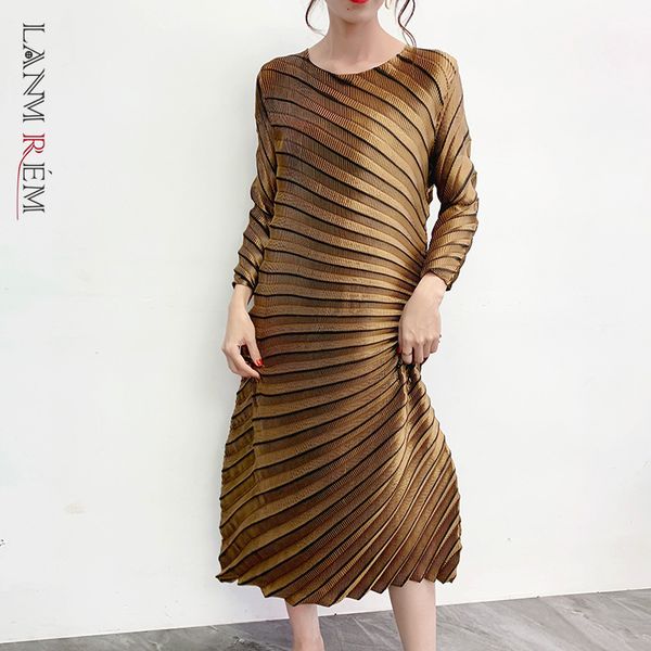 

women fold dress round neck long sleeve pleated dresses large size loose fit temperament fashion summer 2h247 210507, Black;gray