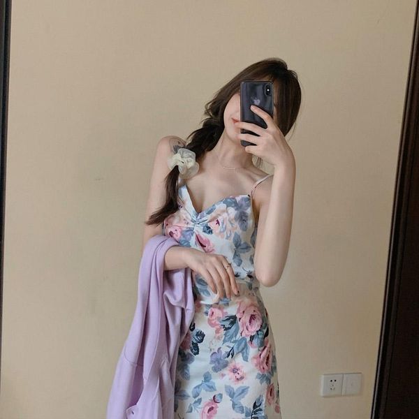 

casual dresses chiffon printed sling dress fashion vintage ink painting midi elegant lady summer streetwear 2021, Black;gray