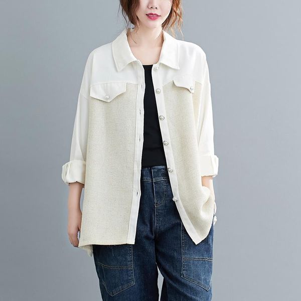 

[ewq] patchwork contrast color shirt women long sleeve lapel collar irregular double pockets fashion tide 2021 spring 3gd201 women's bl, White