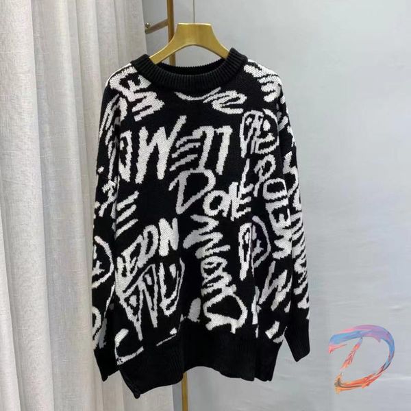 

men's sweaters women's wd11done full-print graffiti letters round neck oversize knitted sweater, White;black