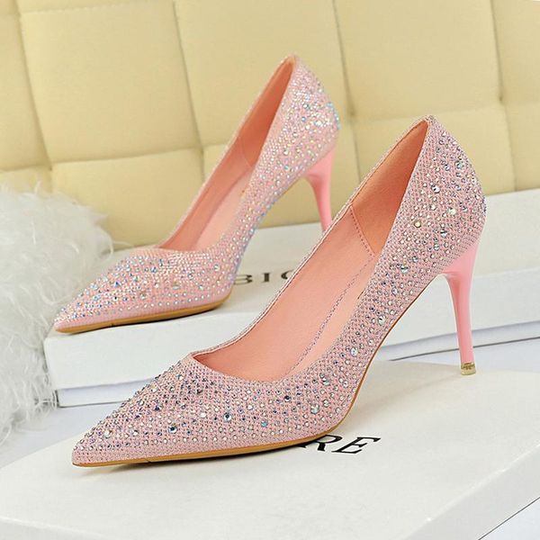 

rhinestone women's pumps shoes elegant high heel for women on heels 7cm pointed toe stiletto party dress, Black