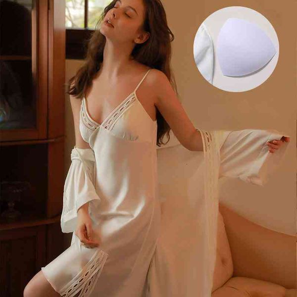 

pyjamas lisacmvpnel spring and summer lace women robe set with breast pad ice silk two piece suit sleepwear 0qgc, Black;white