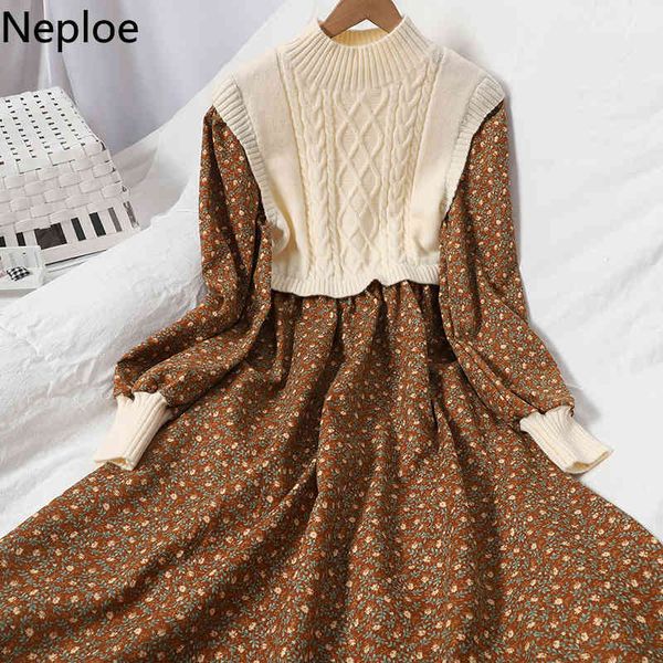 

neploe patchwork knitted crobbed dresses for women temperament corduroy floral vestidos lace up robe korean dress female 210422, Black;gray