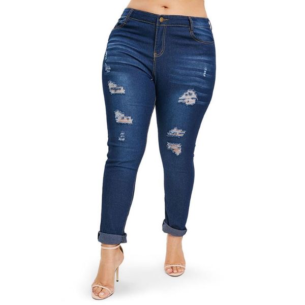

women's jeans 2021 fashion denim hole skinny plus size casual high waisted women ripped pencil pants, Blue