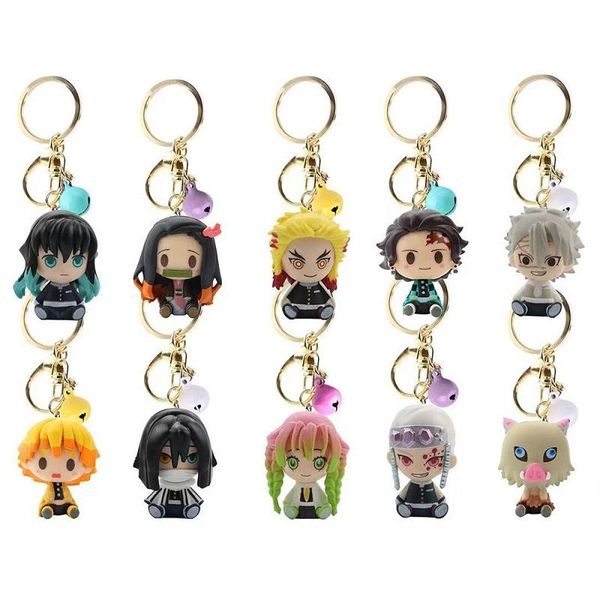 

keychains [cx] 6pcs demon blade keychain anime kimetsu no yaiba figure tanjirou nezuko action slayer figurine toy gift 5-7cm, Silver