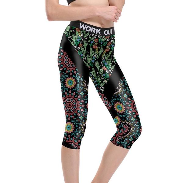 

women's leggings women floral with black stripes fitness quick dry workout high waist knee length aerobic exercise pant full size