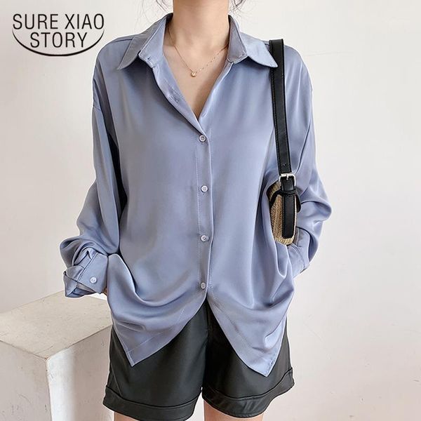 

spring autumn satin silk blouse women plus size casual solid long sleeve shirts white cardigan ladies chic 12573 women's blouses &