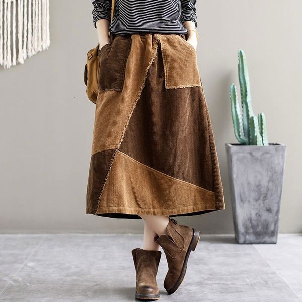 

skirts autumn arts style women elastic waist casual a-line patchwork cotton corduroy vintage femme long m289 6ej7, Black