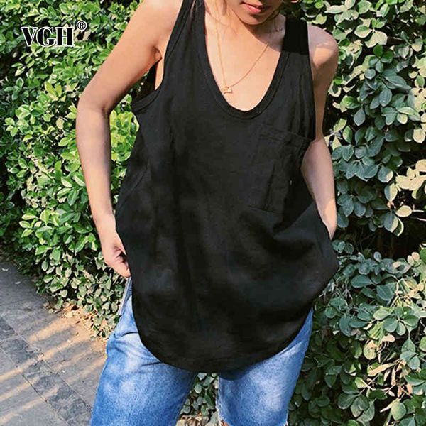 

vgh black patchwork pocket vest for women square collar sleeveless basic loose tank female fashion new clothing summer tide 210421, White