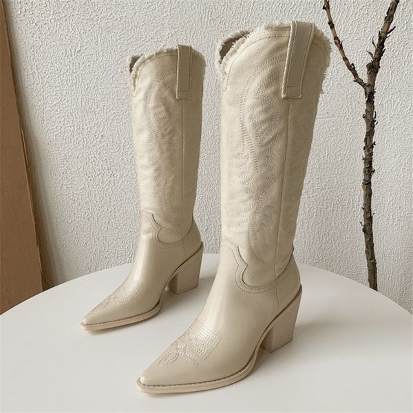 

western boots women knee high cowboy boots genuine leather pointed toe ladies shoes woman thick heel embroidered boots 210507, Black