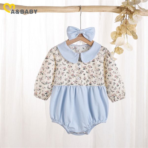 

0-24m spring autumn infant born baby girls flower rompers peter pan collar cute jumpsuit floral clothing 210515, Blue