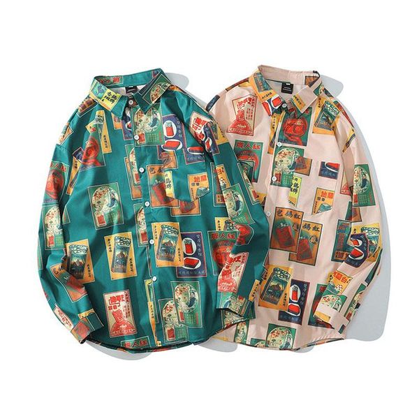

men's casual shirts men shirt khaki green 2021 arrival spring and autumn loose geometric patterns character male thin chinese style s11, White;black