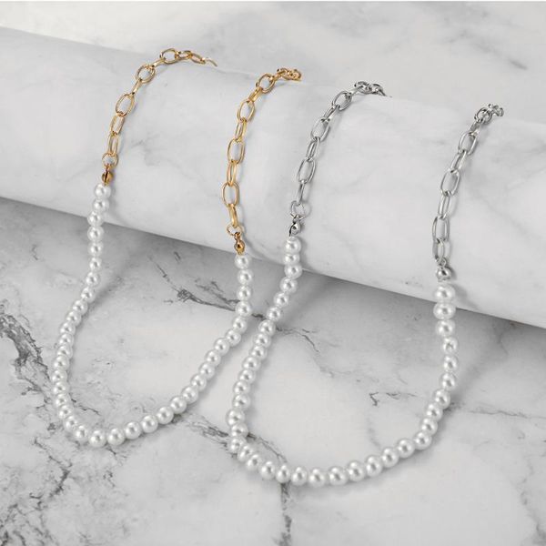 

pendant necklaces ins trendy half imitation pearl chain choker necklace clavicle chokers for women jewelry, Silver