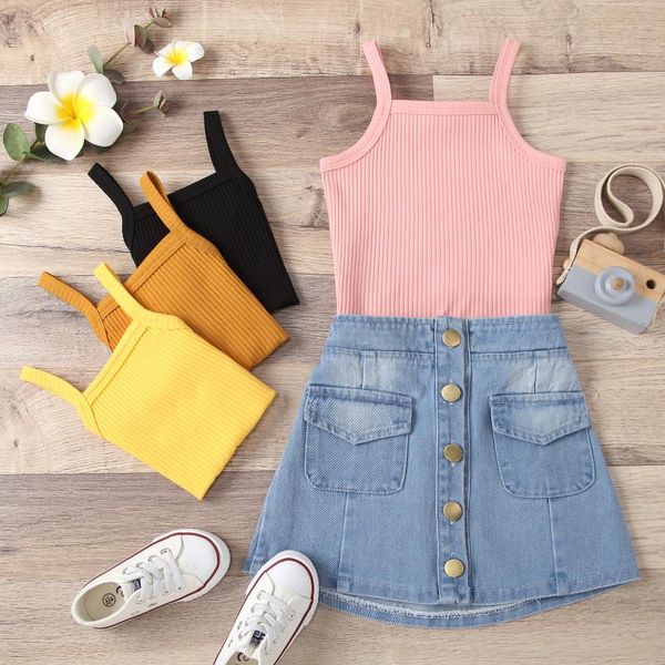 

clothing sets girl's two piece set summer 2021, children's solid color ribbed sleeveless vest skirt with pockets for baby daily we, White