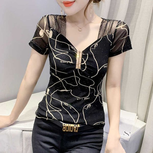 

thin short sleeve mesh t-shirt women's foreign style shoulder leakage fashion 2021 summer half, Red;black