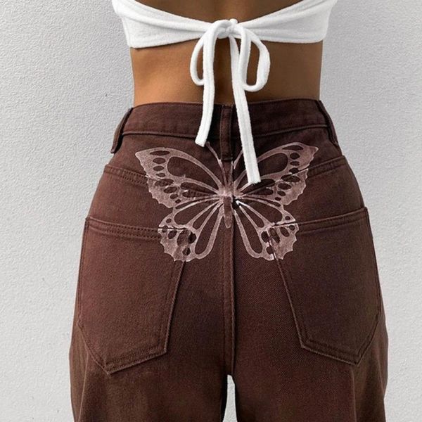 

women's jeans fashion low waist butterfly denim trousers cargo pants oversize urbano pant wide leg, Blue