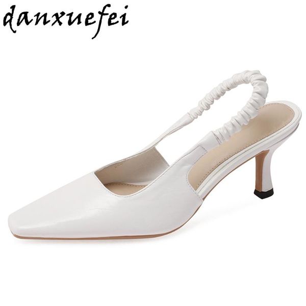 

dress shoes women's genuine leather elastic slip-on pumps slingback elegant ladies square toe sandals white bride wedding eveing, Black