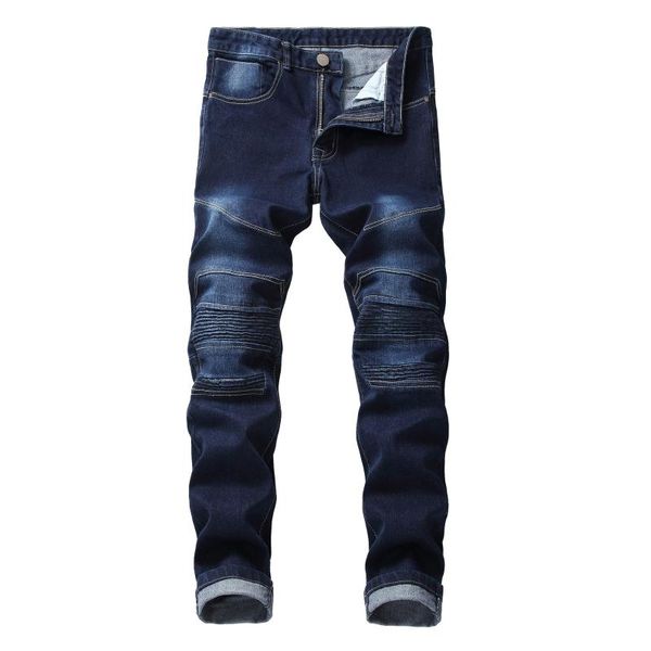 

men's jeans motorcycle pleated cotton stretch slim straight trousers, Blue