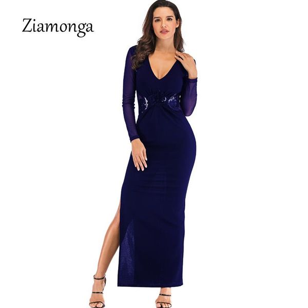 

casual dresses ziamonga club bodycon party maxi dress split long sleeve v neck sequined women ankle length vestidos 2021, Black;gray