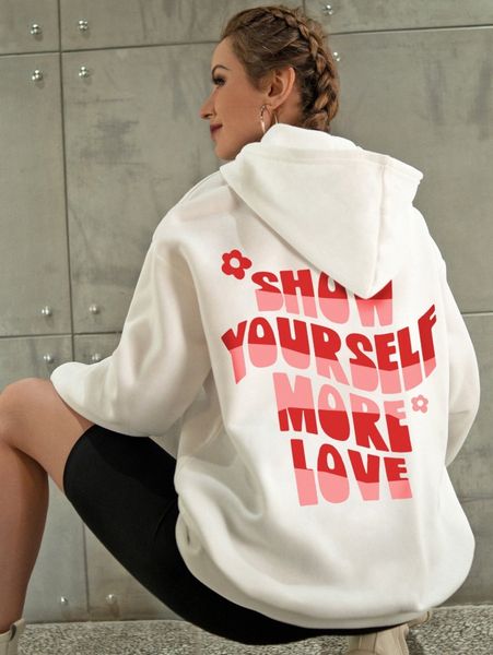 

slogan graphic drawstring drop shoulder thermal hoodie b3n0#, White;black