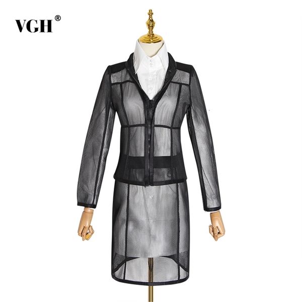 

hollow out perspective sets for women v neck long sleeve coat lapel white shirt casual two piece set female fashion clothing 210507