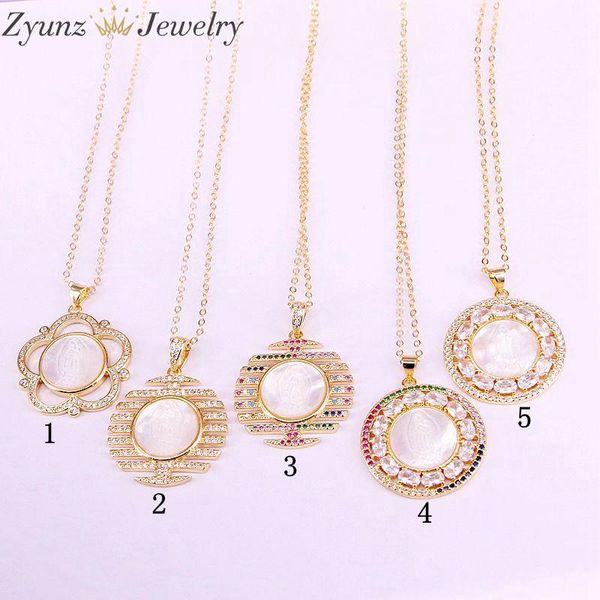 

pendant necklaces 5pcs, mix gold color virgin jesus cz micro pave crystal zirconia mother of pearl shell religious jewelry necklace, Silver