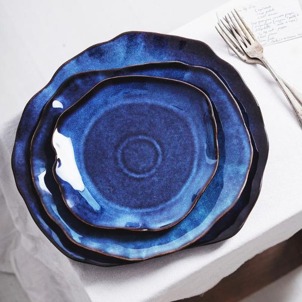 

dishes & plates ceramic deep blue irregular flat plate pottery dish household decoration tableware dinnerware tray el kitchen supplies