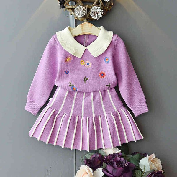 

girl's dresses girls clothing set autumn winter flower knitted sweater+striped pleated skirt 2pcs kids clothes hmhg, Red;yellow