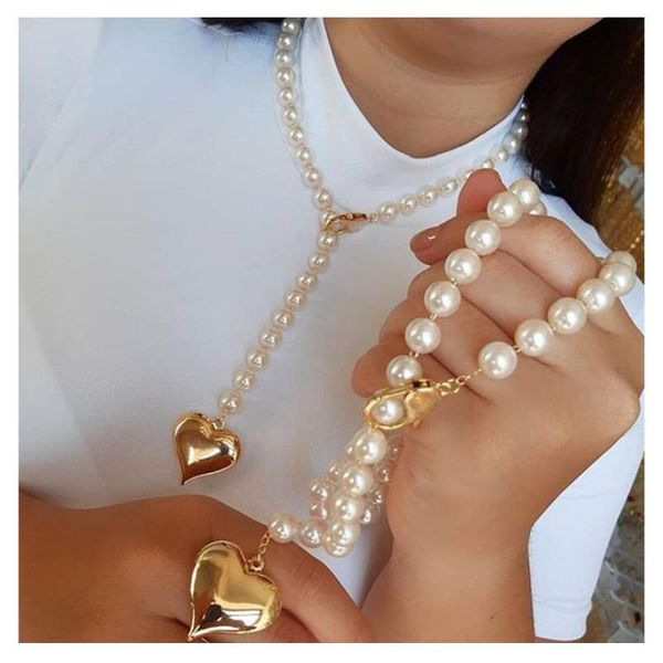 

chains elegant retro faux pearl adjustable heart pendant necklace for women fashion party decoration 2021 trendy jewelry accessorie, Silver