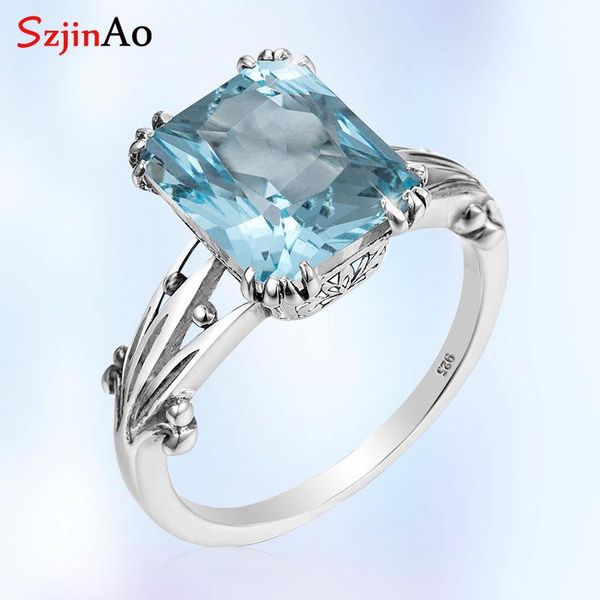 

cluster rings szjinao aquamarine sterling silver square gemstone engagement wedding vintage women 2021 brand jewelry, Golden;silver