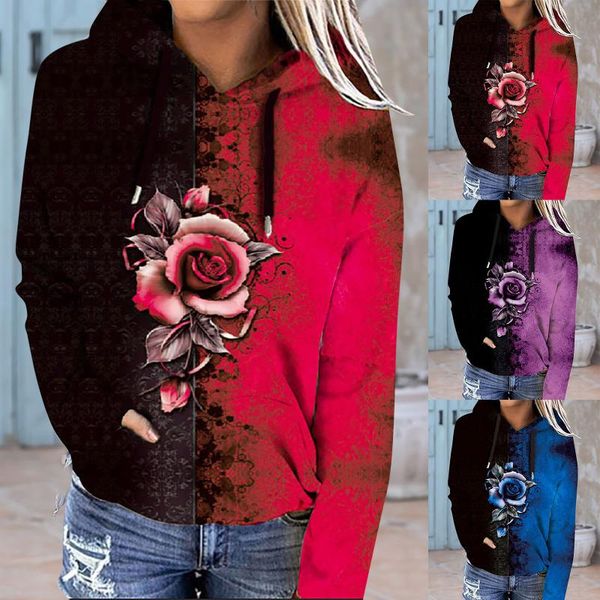

women's hoodies & sweatshirts women office lady beach style vintage long sleeve color block print pockets sweatshirt hooded large size, Black