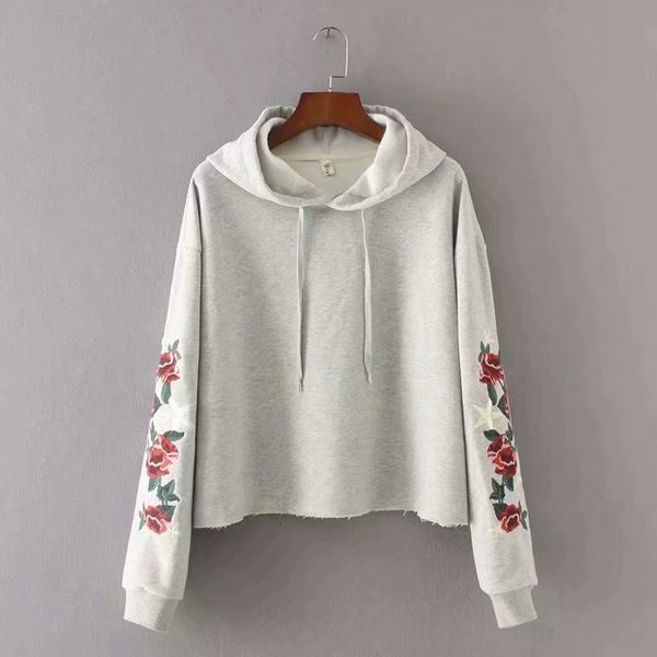 

women's knits & tees women fashion flower rose embroidery long sleeve hm hoodies chic ladies hooded collar drawstring casual cotto, White