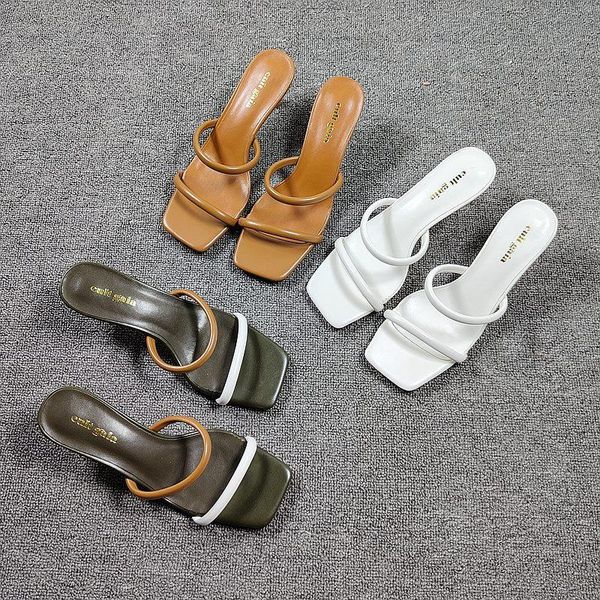 

slippers thin heels square toe high-heeled shoes lady ladies' multicolored sandals rubber flip flops shallow hawaiian pu slides, Black