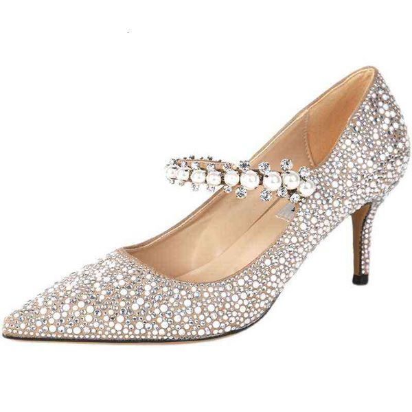 

women's formal shoes shoes high pointed thin heel shallow mouth 2021 spring and summer new flat bottom rhinestone pearl semi trailer le, Black