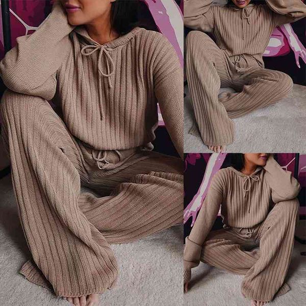 

fashion trend women autumn knitting 2pcs outfits long sleeve hooded high waist wide leg pants sets casual lounge, Gray