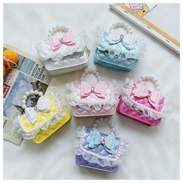 Süße Prinzessin Mini Handtaschen Pailletten Schleife Süße Mädchen Kleine Schulter Messenger Taschen Baby Kinder Perlenkette Geldbörse Geldbörse