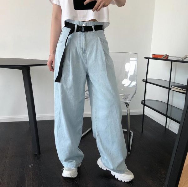 

woman cotton long straight bright blue oversized jeans women's